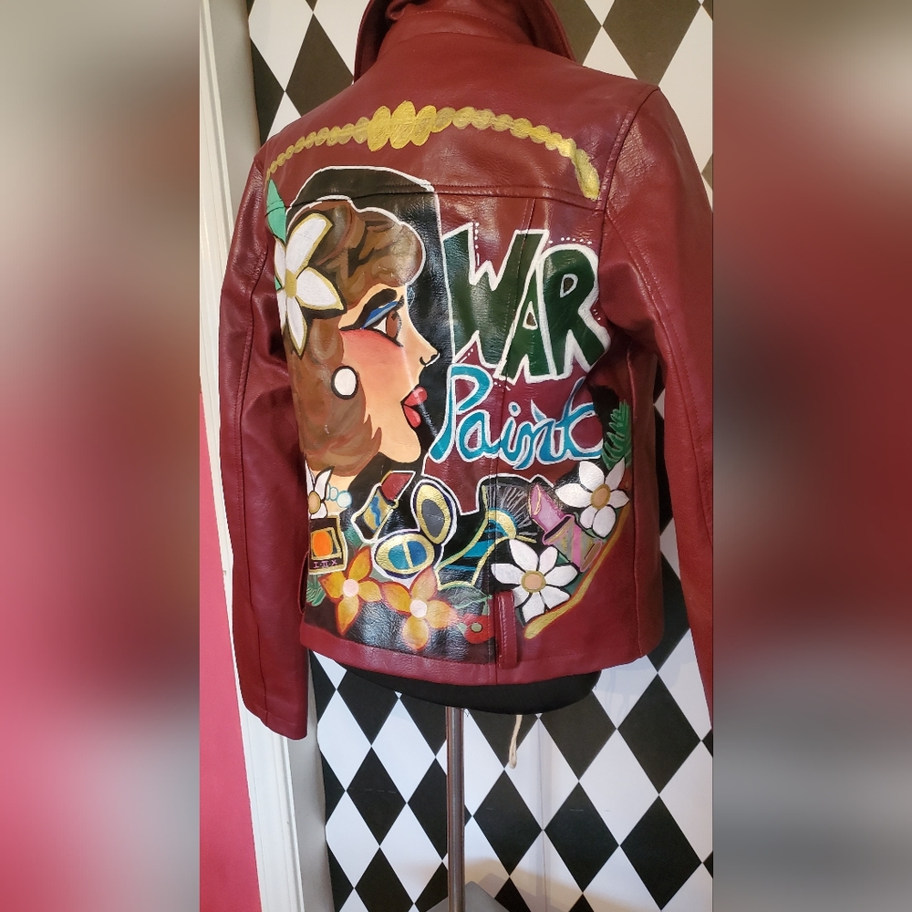 Handpainted vegan leather pleather jacket , makeup